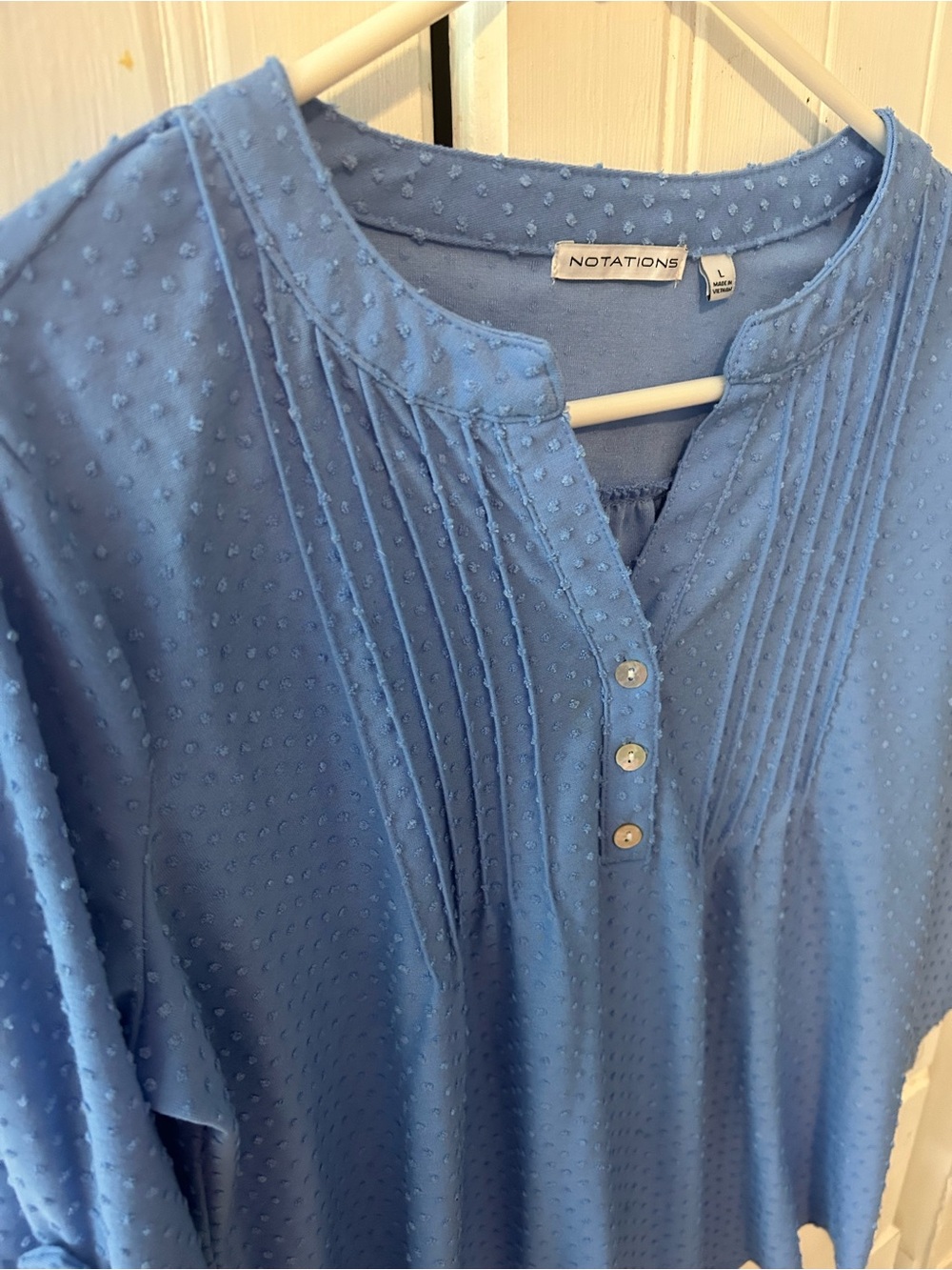EUC NOTATIONS Swiss Dot Loose Fitting Blouse, Adjustable Sleeves, Mandarin Clr